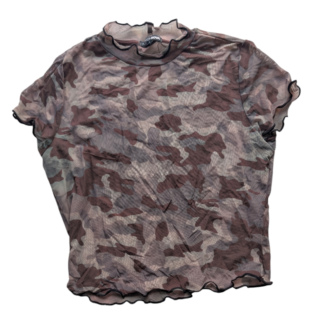 Fashion Nova Sheer Camo Mesh Top Lettuce Edge Y2K Streetwear L